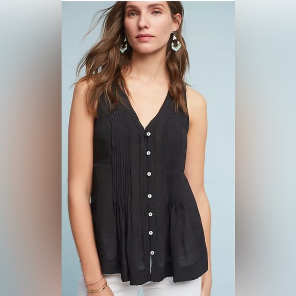 Anthropologie Maeve black sleeveless pin tuck lightweight button down shirt L - Picture 1 of 8